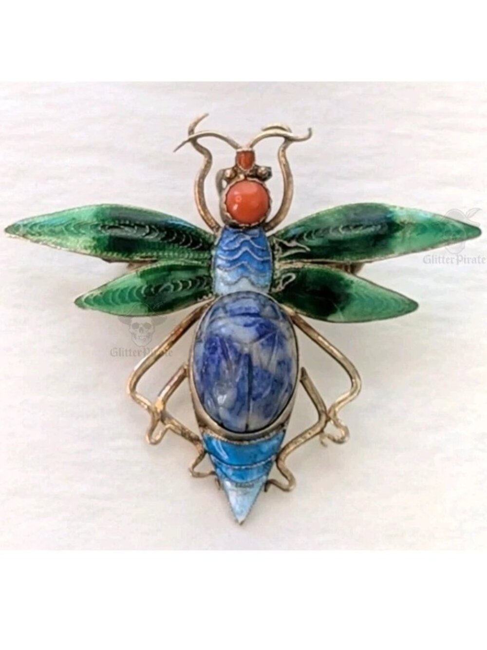 Antique Art Deco Plique-à-Jour Silver Gilt Lapis & Coral Scarab Beetle Brooch